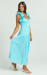 Memie Midi Dress - Drop Waist Ruffle Sleeve Dress in Blue